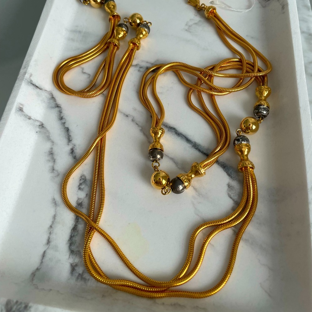 Tri Strand Gold Chain and Bead Long Necklace